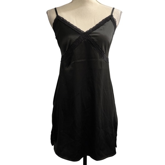 Dresses & Skirts - Black Satin Y2K Slip Dress Lace Trim Mini Size XS Event Whimsigoth Fairy Grunge